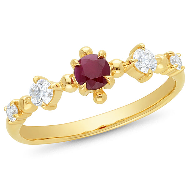 9ct Yellow Gold Ruby 4mm Round & Diamond Ring