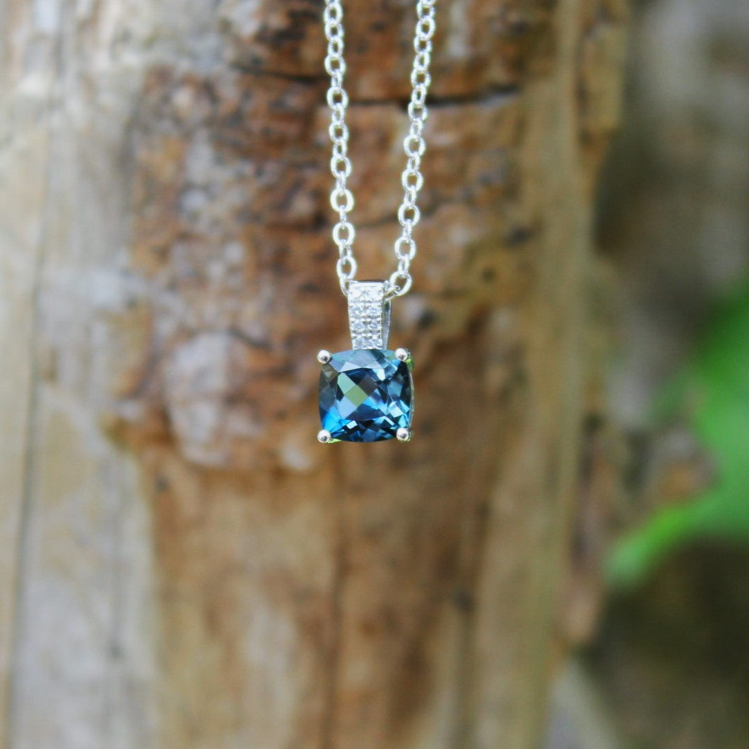 9ct White Gold Cushion London Blue Topaz Diamond Bail Pendant