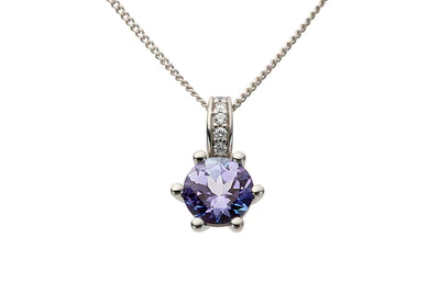 9ct White Gold Round Tanzanite & Diamond 6 Claw Pendant