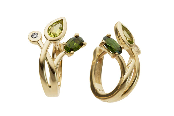9ct Yellow Gold Pearshaped Peridot & Green Oval Tourmaline Diamond Earrings