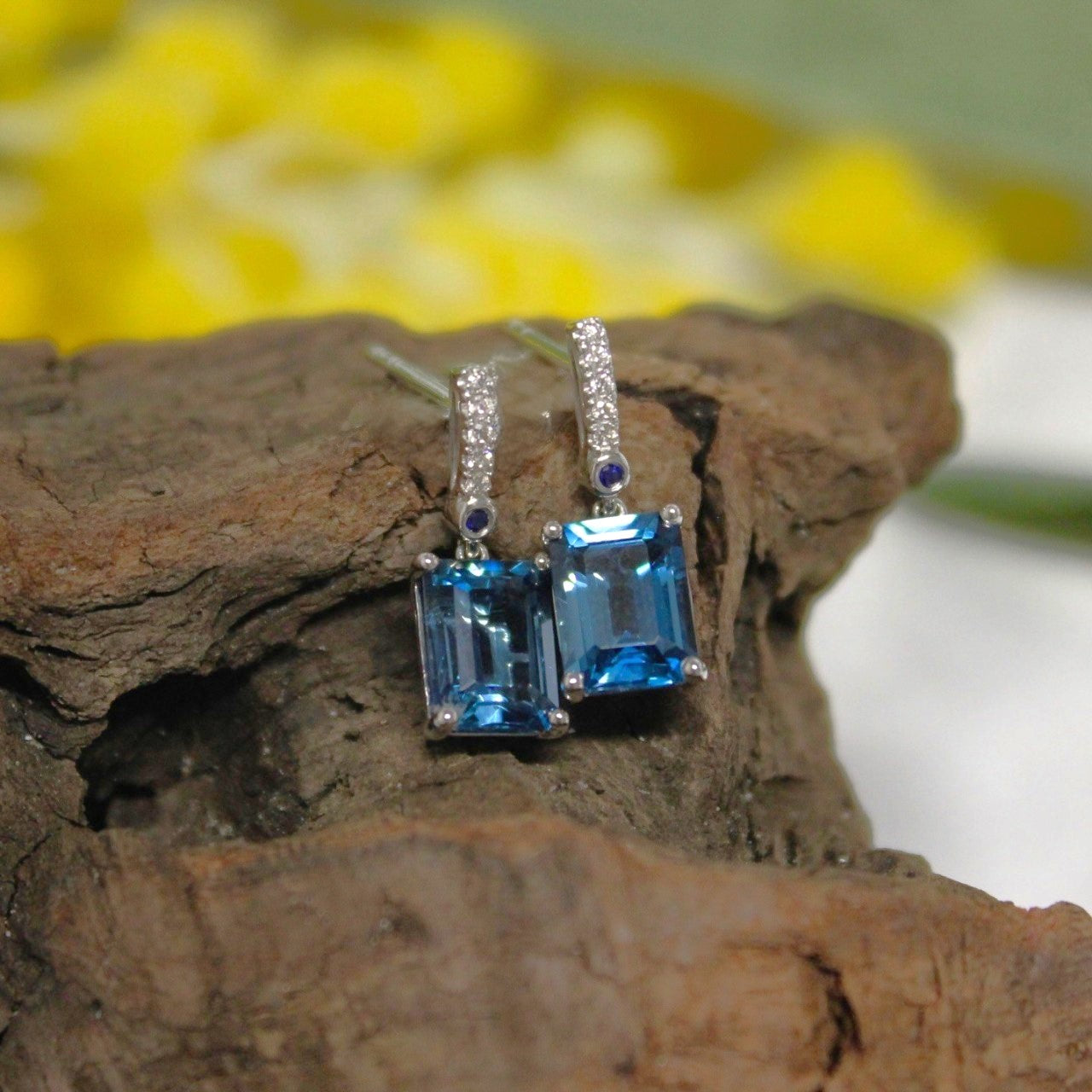 9ct White Gold BlueTopaz with Diamonds Drop Studs