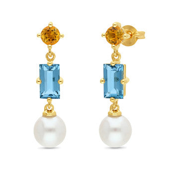 9ct Yellow Gold Citrine & London Blue Topaz With FW Pearls Drop Earrings