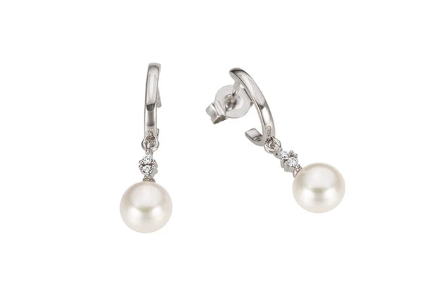 9ct White Gold Freshwater Bouton Rounded Pearl 6.5-7mm with Diamonds Earstuds