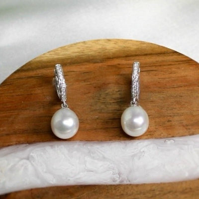 Autore Sterling Silver South Sea 9mm Pearl and Diamond Huggies