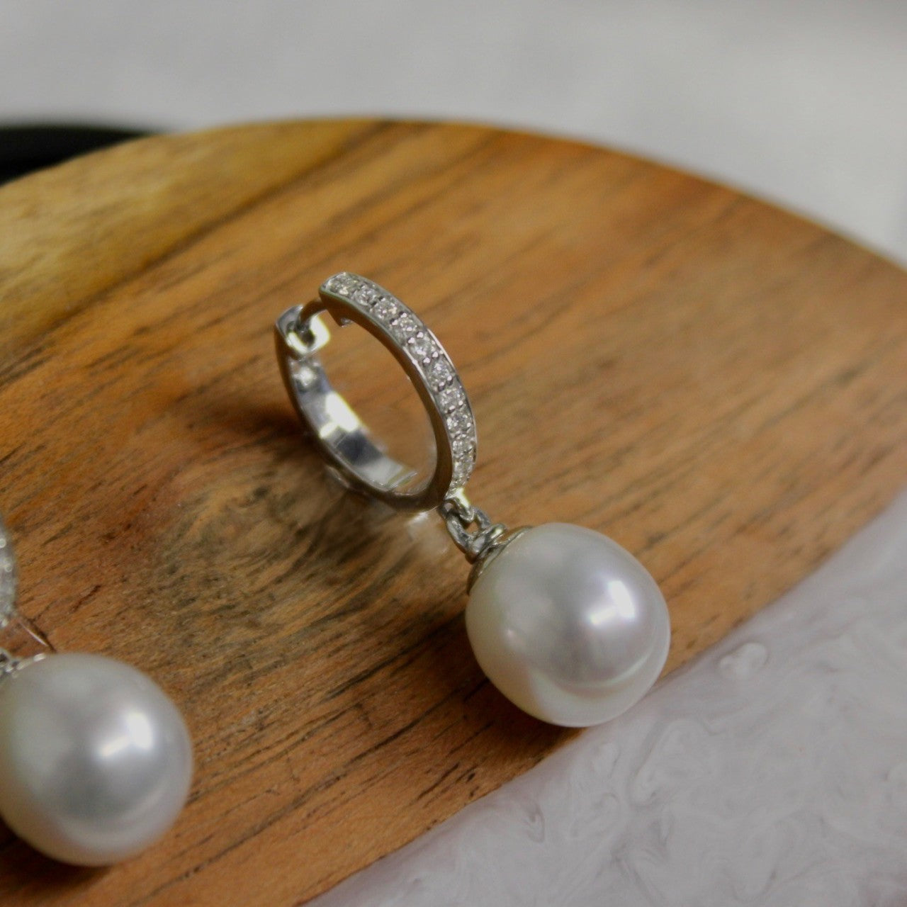 Autore Sterling Silver South Sea 9mm Pearl and Diamond Huggies