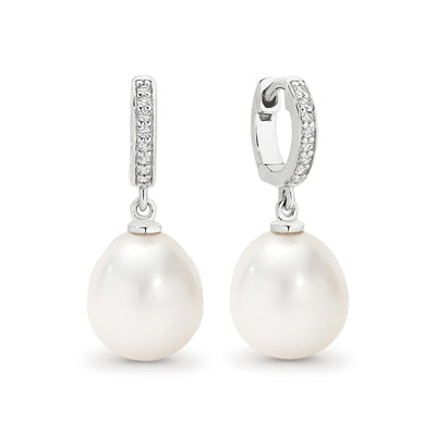 Autore Sterling Silver South Sea 9mm Pearl and Diamond Huggies