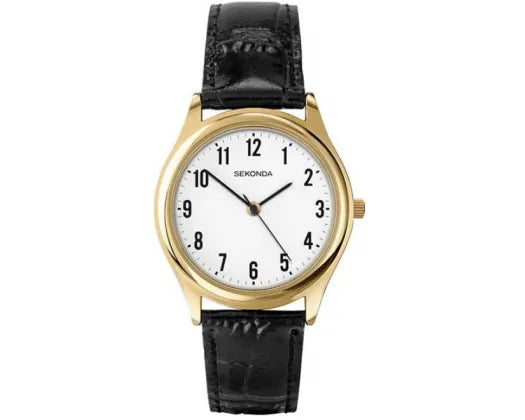 Sekonda Watch Gold Face with White Dial Black Leather 38mm