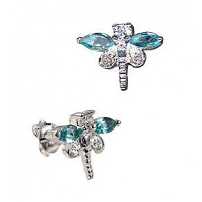 Sterling Silver Blue Topaz & CZ Dragonfly Earring Studs