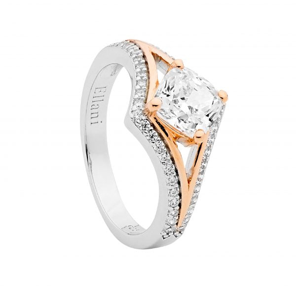 Ellani CZ Open V Cushion Ring 18ct Rose Plated Gold