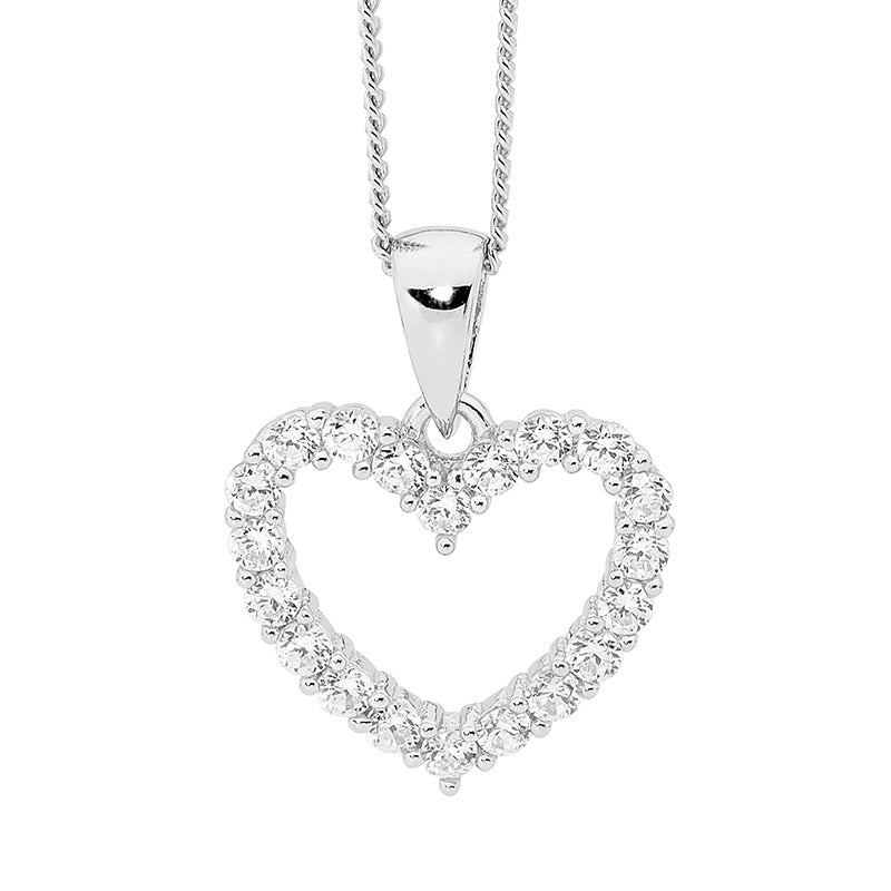 Ellani Silver CZ Open Heart Pendant Necklace