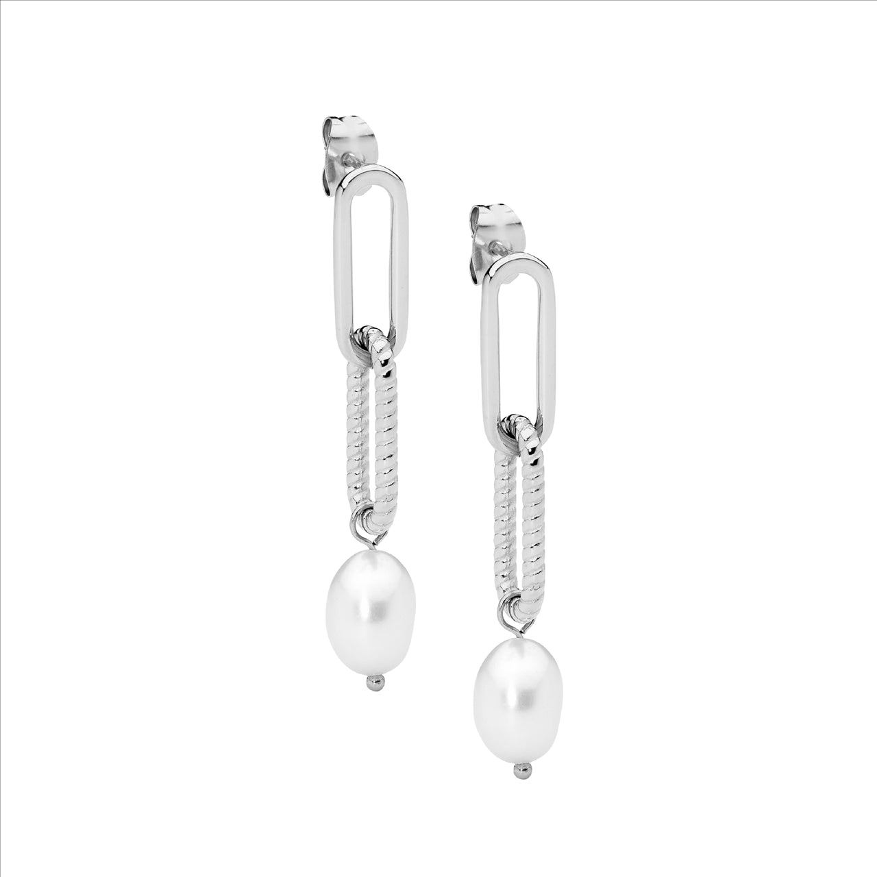 Ellani Silver Paperclip Earrings with Freshwater Pearl