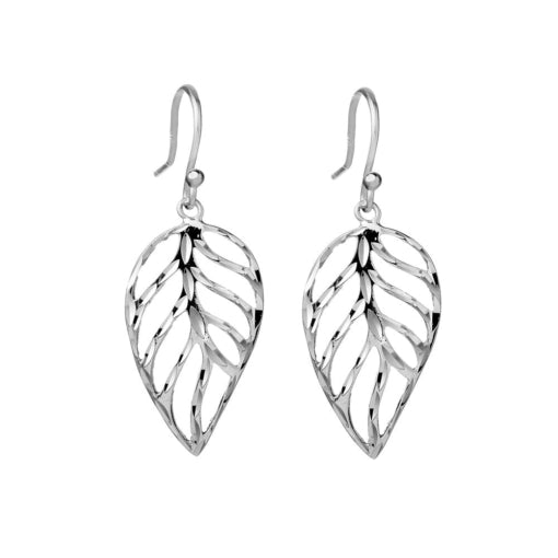 Sterling Silver Diamond Cut Open Leaf Drop Earrings