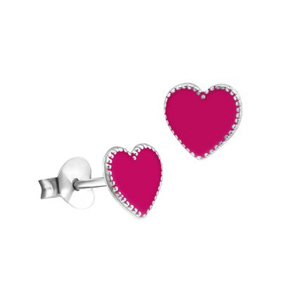 Sterling Silver Hot Pink Enamel Heart Earring Studs