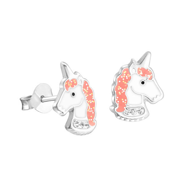 Sterling Silver Enamel Unicorn with Crystals Earring Studs