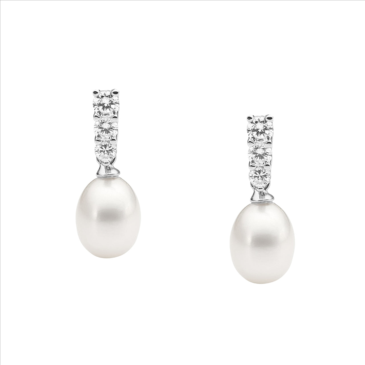 Ellani Silver 3cm CZ Drop Freshwater Pearl Earrings