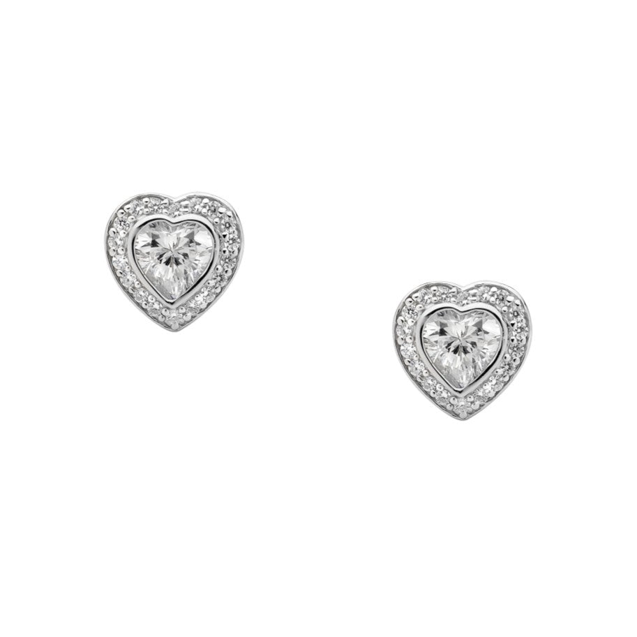 Ellani Silver Heart CZ Claw Set Surround Stud Earrings