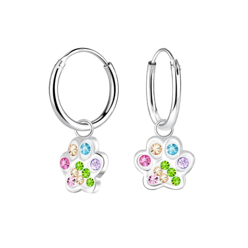 Sterling Silver Multi-colour CZ Paw Print Hoop Earrings