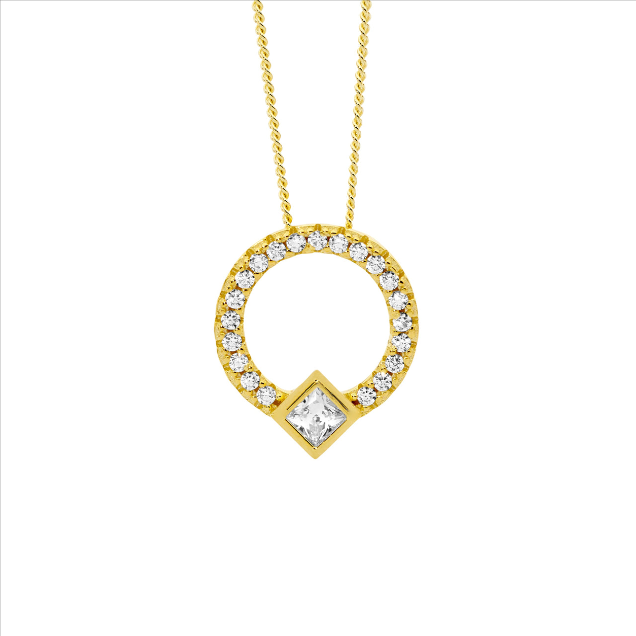 CZ 13mm Open Circle w/Princess Cut Bezel Set Pendant Necklace