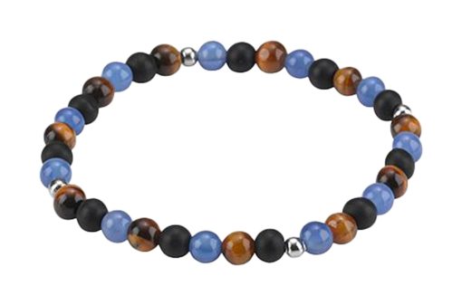 S/Steel 6mm Tiger Eye/Blk & Blu Agate Beaded Bracelet