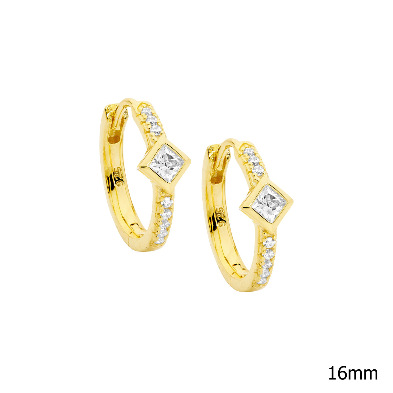 Cubic Zirconica 16mm Hoop Earrings with Princess Bezel Set 18ct Gold Plated