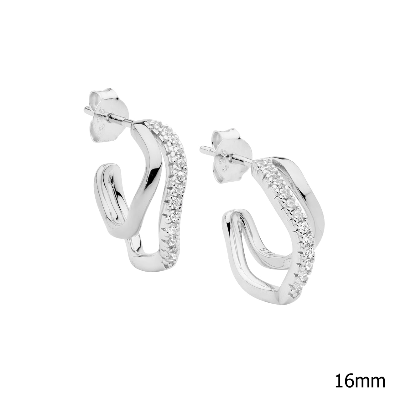 Sterling Silver Cubic Zirconia 16mm Double Wave Hoop Earrings