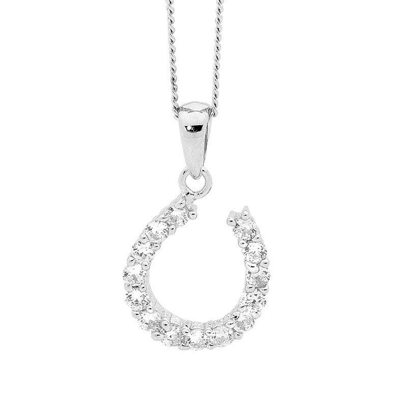 Cubic Zirconia Horse Shoe on Angle Pendant Necklace