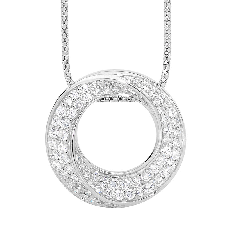 Cubic Zirconica Pave Circle with Wave Pendant Necklace