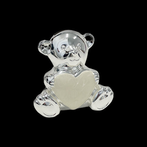 Silver Plated Teddy with Heart Money Box